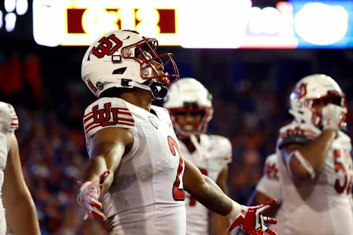 Utah Utes running back Micah Bernard (2) celebrates after scoring a touchdown against the Florida Gators during the second half at Steve Spurrier-Florida Field.